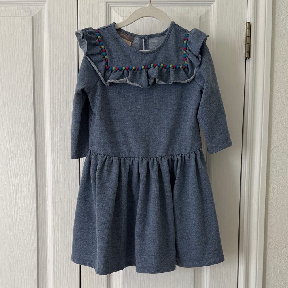 Pastourelle Blue Knit Ruffle Pom Pom Dress Girls Size 6 Long Sleeve Twirl
